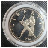 92 Baseball Silver Dollar  1 oz  Fine Silver
