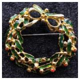Gold-Tone Christmas Wreath Brooch with Enamel