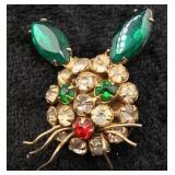 Vtg Rhinestone Bunny Brooch with Holiday Colors
