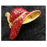 Vintage Red Rhinestone Wide-Brim Hat Brooch