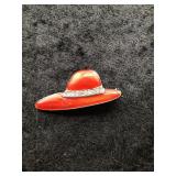 Vintage Red Enamel Hat Brooch with Rhinestones