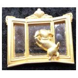 JJ Puppy Looking Out Window Gold-Tone Brooch