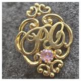 Gold ï¿½P Dï¿½ Monogram Brooch with Purple Stone
