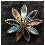 Silver-Tone Flower Brooch with Blue & Amber Stones