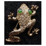 Gold Frog Brooch with Green Eyes & Rhinestones