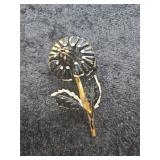 Black Enamel Flower Brooch with Gold Stem