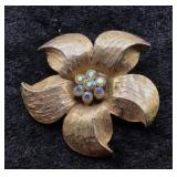 GoldTone Five Petal Flower Brooch with Rhinestones