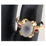 14K Gold Moonstone & Ruby Ring Sz 4 ï¿½ 2g Elegant