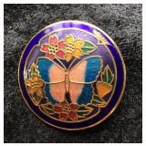 VTG Cloisonnï¿½ Butterfly and Flowers Round Brooch