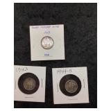 Lot of 3 Silver Mercury Dimes ï¿½ 1943 & 1944-S