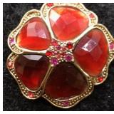 Red Faceted Flower Brooch with Pink Rhinestones
