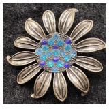 Vintage Silver Tone Daisy Brooch Blue Rhinestones