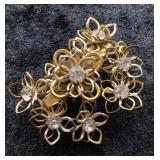 Vtg Gold-Tone Filigree Floral Brooch Rhinestones