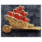 Gold Wheelbarrow Brooch with Glitter Red Hearts