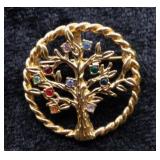 Gold Tree of Life Brooch with Multi-Colored Stones
