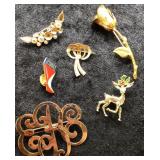 Vintage Gold-Tone Brooch Lot w/ Rose & Reindeer