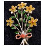 Vintage Enamel Flower Bouquet Brooch with Bow
