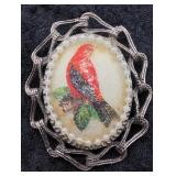 Vintage Red Bird Oval Brooch with Faux Pearls