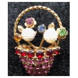 Colorful Rhinestone Flower Basket Vintage Brooch