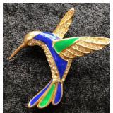 Colorful Enamel and Rhinestone Hummingbird Brooch