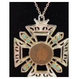 1904 Indian Head Penny Cross Pendant w/ Turquoise