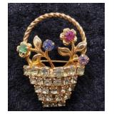 Vintage Gold-Tone Rhinestone Flower Basket Brooch