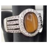 Tigerï¿½s Eye & CZ Halo Sterling Ring Sz 8.5