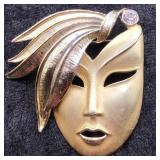Vintage Gold Tone Theatrical Mask Brooch Rhineston