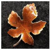 Vintage Enamel Autumn Leaf Brooch in Copper Tones