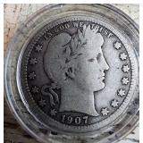1907 Barber Silver Quarter - No Mint Mark