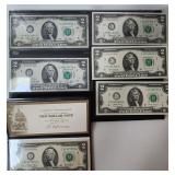 6 Vintage $2 Bills incl. 1976 Holder