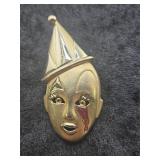 Gold Pierrot Clown Face Brooch with Tear