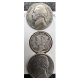 1943 WWII Silver Coin Lot ï¿½Mercury Dime & Nickels