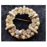 Gold-Tone Circle Brooch with Pearls & Rhinestones