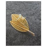 Gold Leaf Brooch with Faux Pearls