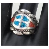 Sterling Silver Turquoise Coral Cross Ring Sz 9