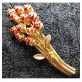 Vtg Gold-Tone Bouquet Brooch with Red Enamel Roses