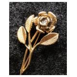 Trifari Gold Tone Rose Brooch with Rhinestone