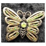Beaded Butterfly Brooch w/ Green Crystal Accent