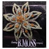 Vintage Green & Amber Rhinestone Flower Brooch