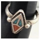 Sterling Turquoise & Coral Ring Sz 4 Tribal Style