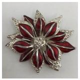 Sterling Red Enamel & Rhinestone Poinsettia Brooch