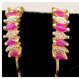 Gold Over Silver Ruby & Diamond Hoop Earrings