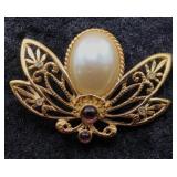 Gold Filigree Brooch Faux Pearl & Amethyst Accents