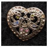 Heart Brooch with Birds & Rhinestone Accents