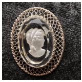 Vintage Clear Cameo Brooch with Filigree Frame