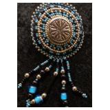 Hand-Beaded Concho Brooch w/ Fringe Dangles