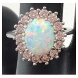 Sterling Opal Halo Ring with CZ Accents Sz 7.5