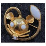 Vintage Gold-Tone Mouse Brooch with White Accents