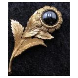 Vintage Floral Brooch with Black Glass Cabochon